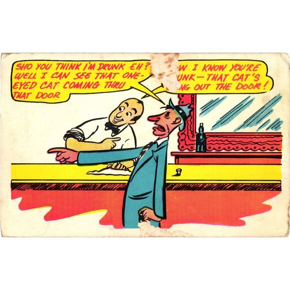 Vintage Laff Gram Comic Postcard Drunk Cat Joke By Baytone Amarillo Texas Humor - Picture 1 of 2
